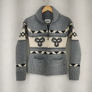 TNA Sweater Womens S Gray Fair Isle Zip Front Lambswool Cardigan Thick Warm